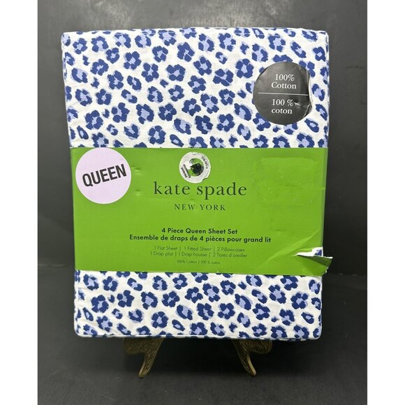 KATE SPADE LEOPARD FLORAL Blue Animal Print Cotton QUEEN Sheet Set NEW Nighttime - Picture 1 of 7